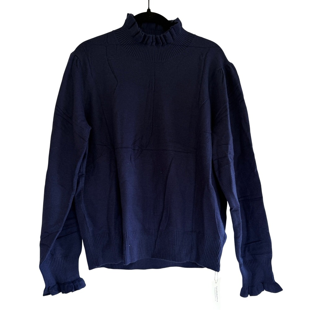 Saodimallsu Women Dark Blue‎ Ruffle Mock Neck Puff Sleeve Knit Sweater XL G3P756
